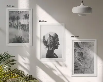 Juego de 3 cuadros retrato de bosque con niebla, árbol y diente de león