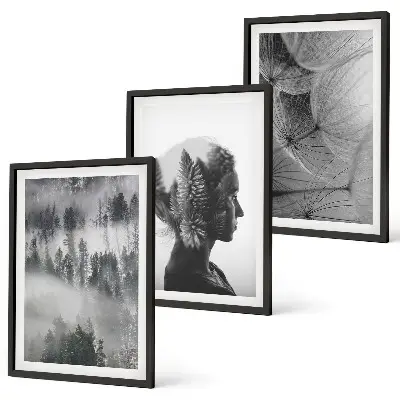 Juego de 3 cuadros retrato de bosque con niebla, árbol y diente de león