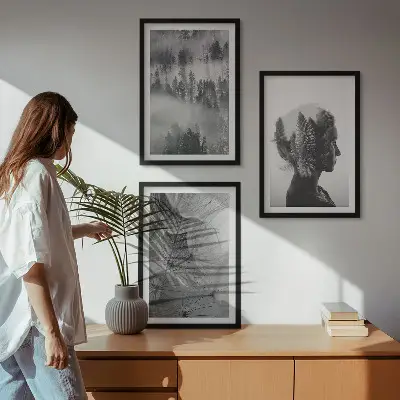 Juego de 3 cuadros retrato de bosque con niebla, árbol y diente de león