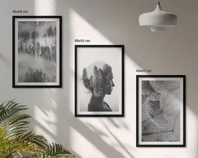Juego de 3 cuadros retrato de bosque con niebla, árbol y diente de león