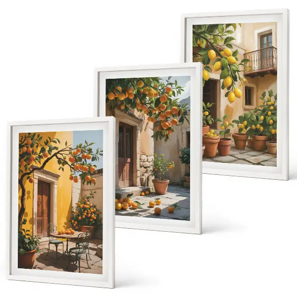 Set de 3 cuadros de frutas cítricas y plantas de jardín decoración para salón