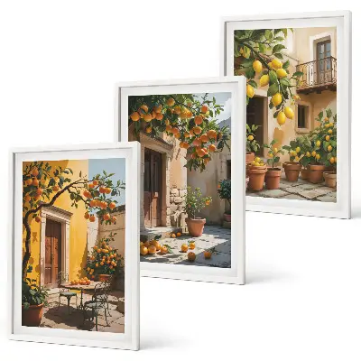 Set de 3 cuadros de frutas cítricas y plantas de jardín decoración para salón