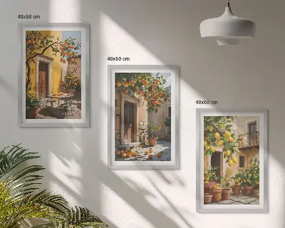 Set de 3 cuadros de frutas cítricas y plantas de jardín decoración para salón