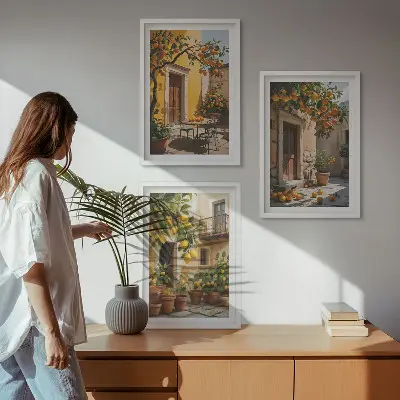 Set de 3 cuadros de frutas cítricas y plantas de jardín decoración para salón