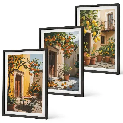 Set de 3 cuadros de frutas cítricas y plantas de jardín decoración para salón