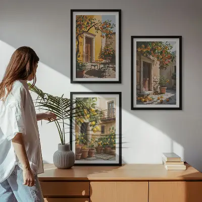 Set de 3 cuadros de frutas cítricas y plantas de jardín decoración para salón