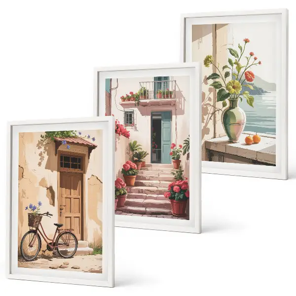 Set de 3 cuadros decorativos diseño de calles flores y bicicletas para salón