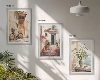 Set de 3 cuadros decorativos diseño de calles flores y bicicletas para salón
