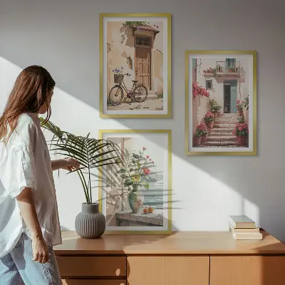 Set de 3 cuadros decorativos diseño de calles flores y bicicletas para salón