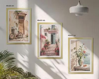Set de 3 cuadros decorativos diseño de calles flores y bicicletas para salón