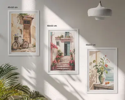 Set de 3 cuadros decorativos diseño de calles flores y bicicletas para salón