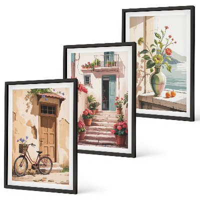 Set de 3 cuadros para salón Calles, flores y bicicletas
