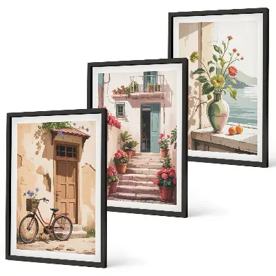 Set de 3 cuadros decorativos diseño de calles flores y bicicletas para salón