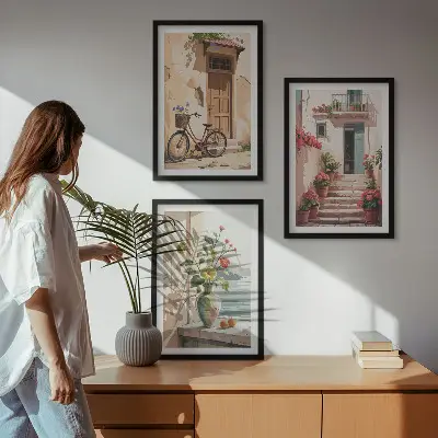Set de 3 cuadros decorativos diseño de calles flores y bicicletas para salón