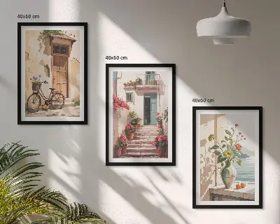 Set de 3 cuadros decorativos diseño de calles flores y bicicletas para salón