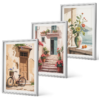 Set de 3 cuadros para salón Calles, flores y bicicletas