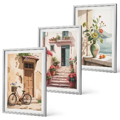 Set de 3 cuadros decorativos diseño de calles flores y bicicletas para salón