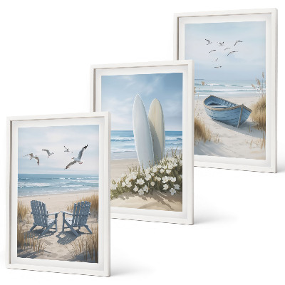 Juego de 3 cuadros Tablas de surf en la playa, pájaros