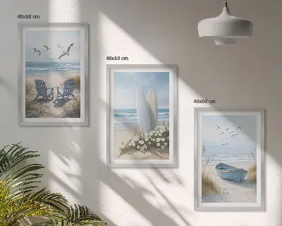Juego de 3 cuadros con diseño de tablas de surf en la playa y pájaros