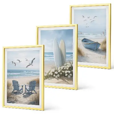 Juego de 3 cuadros con diseño de tablas de surf en la playa y pájaros