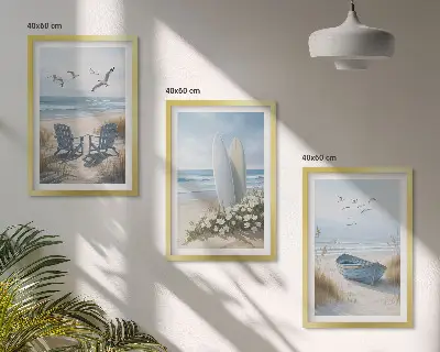 Juego de 3 cuadros con diseño de tablas de surf en la playa y pájaros