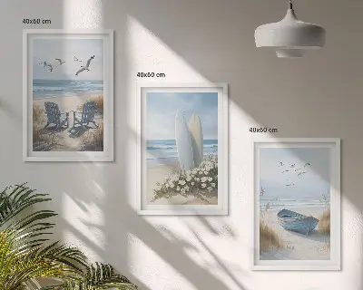 Juego de 3 cuadros con diseño de tablas de surf en la playa y pájaros