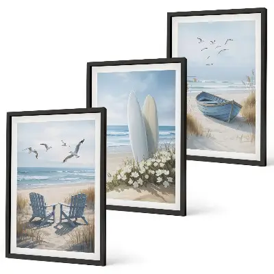 Juego de 3 cuadros con diseño de tablas de surf en la playa y pájaros