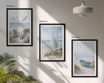 Juego de 3 cuadros con diseño de tablas de surf en la playa y pájaros