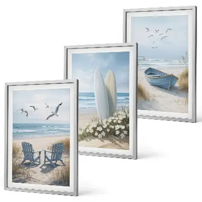 Juego de 3 cuadros con diseño de tablas de surf en la playa y pájaros