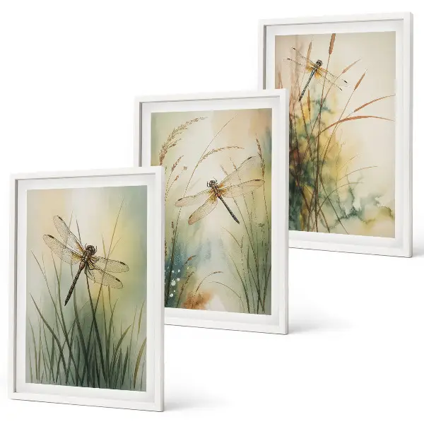 Set de 3 cuadros de hierbas y libélulas sobre el agua decoración para salón