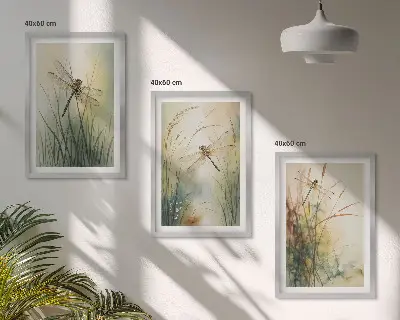 Set de 3 cuadros de hierbas y libélulas sobre el agua decoración para salón