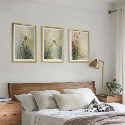 Set de 3 cuadros de hierbas y libélulas sobre el agua decoración para salón