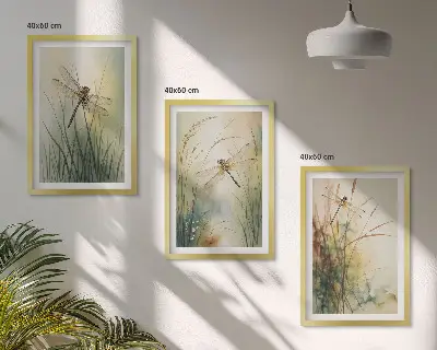 Set de 3 cuadros de hierbas y libélulas sobre el agua decoración para salón