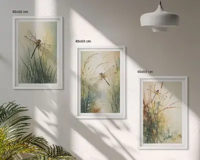 Set de 3 cuadros de hierbas y libélulas sobre el agua decoración para salón