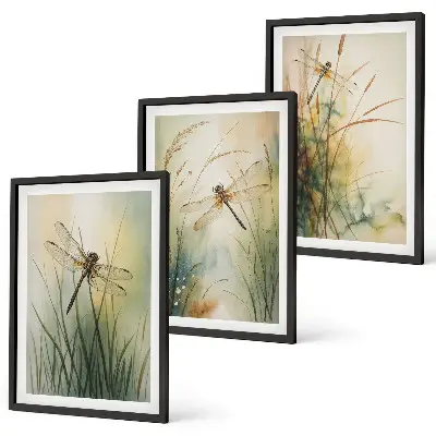 Set de 3 cuadros de hierbas y libélulas sobre el agua decoración para salón
