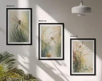 Set de 3 cuadros de hierbas y libélulas sobre el agua decoración para salón