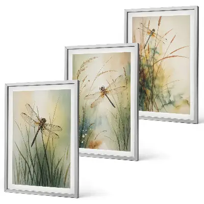 Set de 3 cuadros de hierbas y libélulas sobre el agua decoración para salón