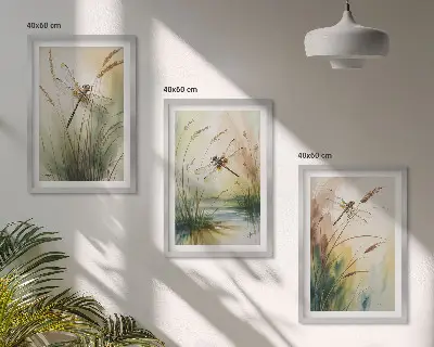 Juego de 3 cuadros con pintura al agua de libélulas y hierba