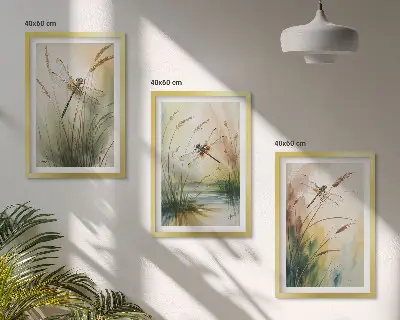 Juego de 3 cuadros con pintura al agua de libélulas y hierba
