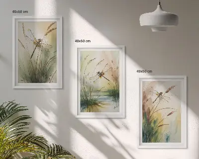 Juego de 3 cuadros con pintura al agua de libélulas y hierba