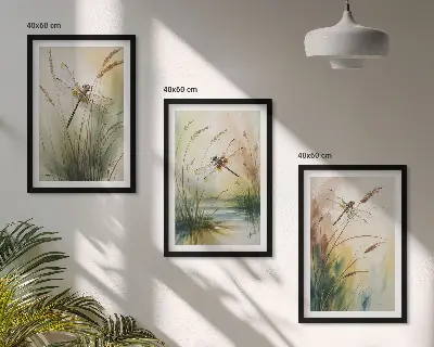 Juego de 3 cuadros con pintura al agua de libélulas y hierba