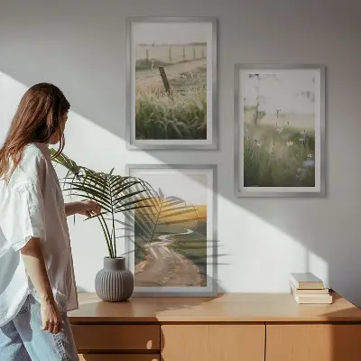 Set de 3 cuadros para salón con diseño de camino de pradera paisajística hacia el oeste