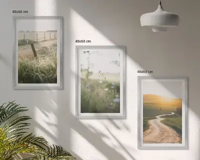 Set de 3 cuadros para salón con diseño de camino de pradera paisajística hacia el oeste