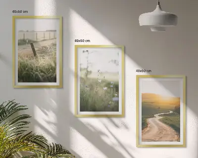 Set de 3 cuadros para salón con diseño de camino de pradera paisajística hacia el oeste