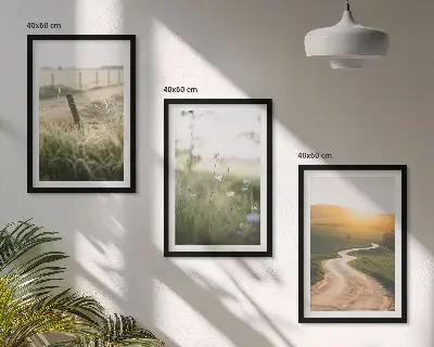 Set de 3 cuadros para salón con diseño de camino de pradera paisajística hacia el oeste