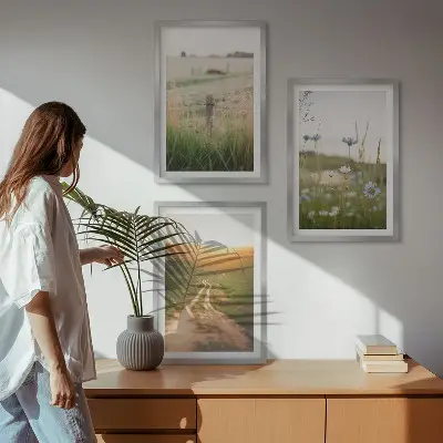 Juego de 3 cuadros paisajes de naturaleza con campos y senderos