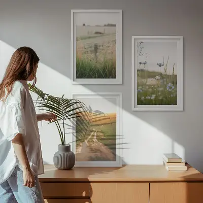 Juego de 3 cuadros paisajes de naturaleza con campos y senderos