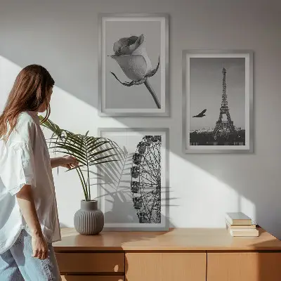Set de 3 cuadros para salón con diseño de Torre Eiffel rosa y noria