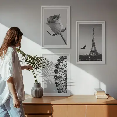 Set de 3 cuadros para salón con diseño de Torre Eiffel rosa y noria