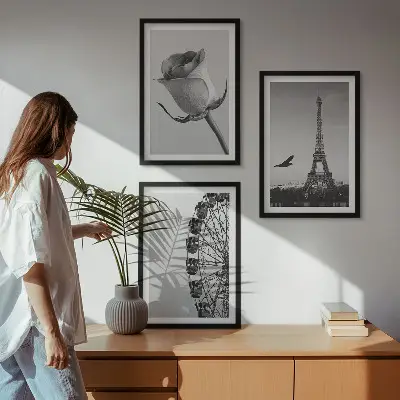 Set de 3 cuadros para salón con diseño de Torre Eiffel rosa y noria